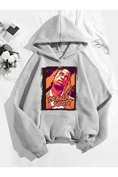 COMVİCHO سويت شيرت رمادي بقلنسوة مطبوعة من ترافيس سكوت v1