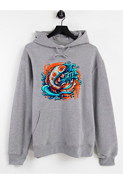 COMVİCHO سويت شيرت رمادي بقلنسوة مطبوع عليه سمكة