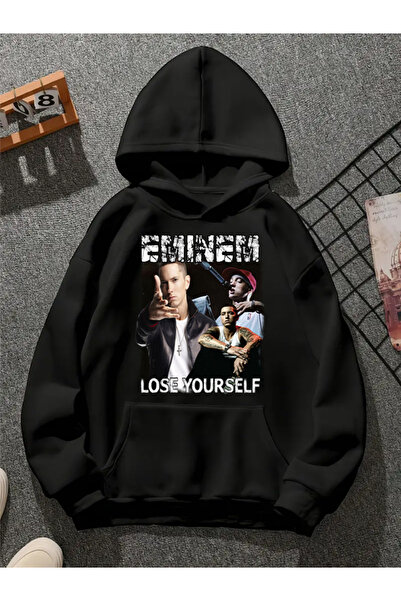 COMVİCHO سويت شيرت أسود بقلنسوة مطبوعة من eminem v18