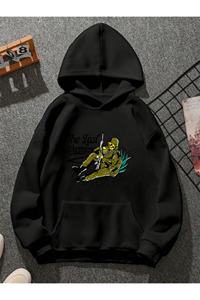 COMVİCHO Thelastwarrior Printed Hooded Black Sweatshirt