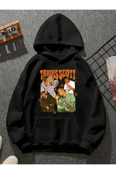 COMVİCHO سويت شيرت أسود بقلنسوة مطبوعة من ترافيس سكوت v5