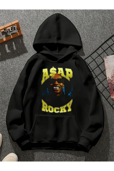 COMVİCHO Asap Rocky V9 Printed Hooded Black Sweatshirt