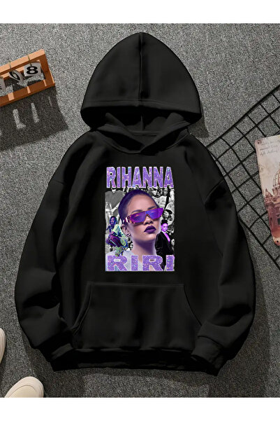 COMVİCHO Rihanna V2 Printed Hooded Black Sweatshirt