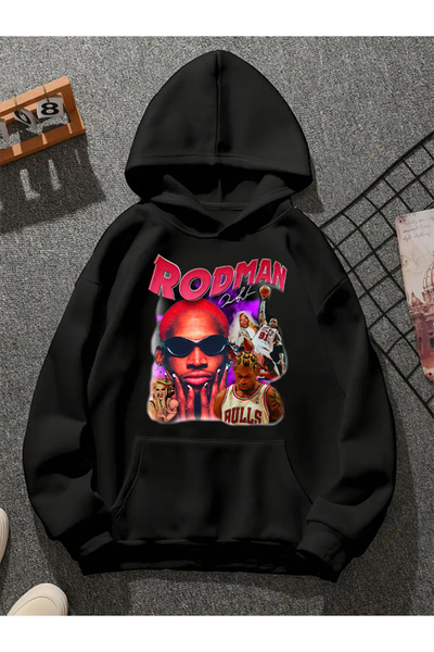 COMVİCHO سويت شيرت أسود بقلنسوة مطبوعة من رودمان v1