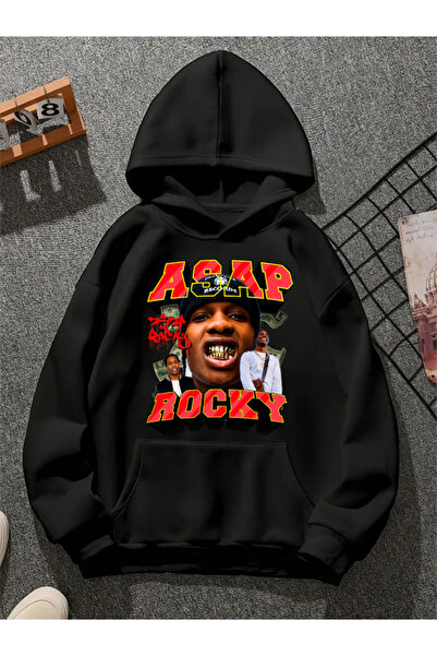 COMVİCHO Asap Rocky V12 Printed Hooded Black Sweatshirt