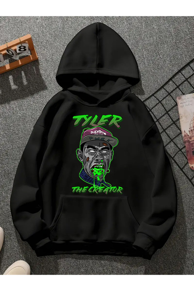 COMVİCHO تيشيرت أسود بقلنسوة مطبوع من tyler v2