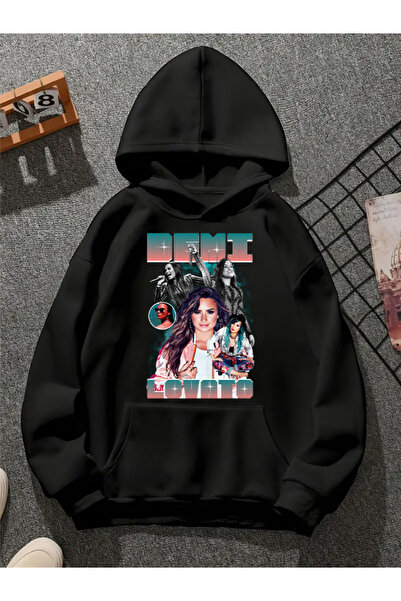 COMVİCHO Demı Lovato V1 Printed Hooded Black Sweatshirt