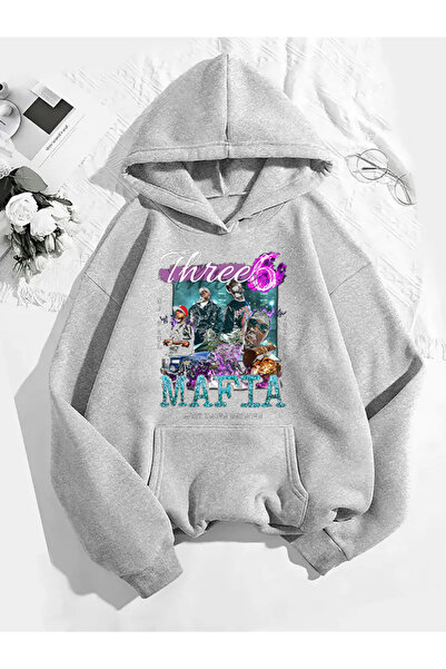 COMVİCHO Three 6 Mafia V1 Printed Hooded Gray Sweatshirt