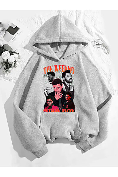 COMVİCHO The Veeknd V4 Printed Hooded Gray Sweatshirt