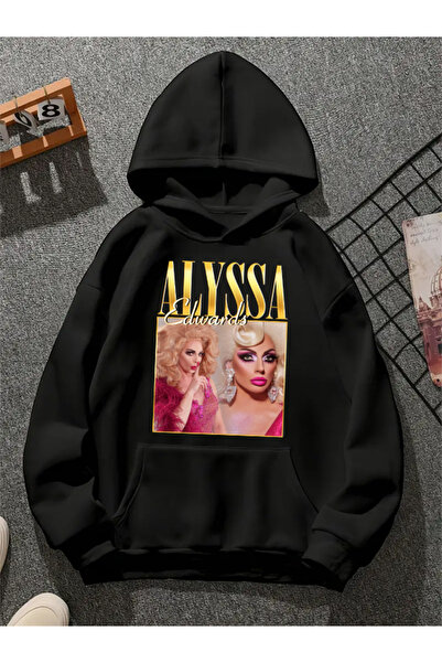 COMVİCHO سويت شيرت أسود بغطاء للرأس مطبوع من أليسا v1