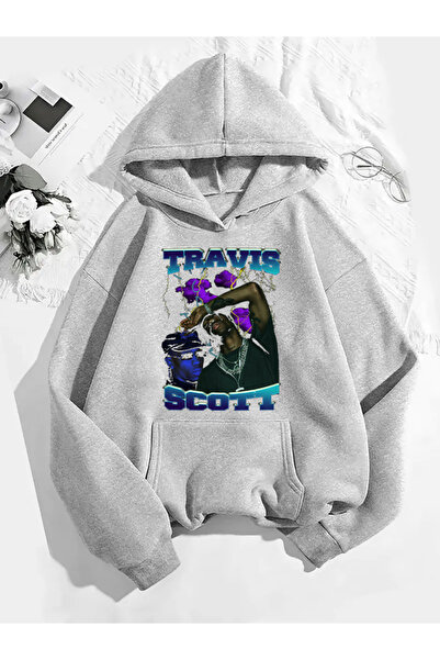 COMVİCHO سويت شيرت رمادي بقلنسوة مطبوعة من ترافيس سكوت v16