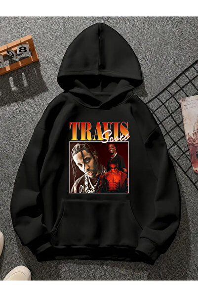 COMVİCHO سويت شيرت أسود بقلنسوة مطبوعة من ترافيس سكوت v25