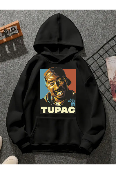 COMVİCHO Tupac V2 Printed Hooded Black Sweatshirt