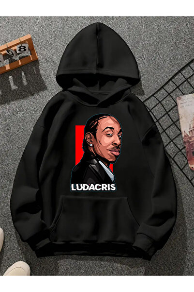 COMVİCHO سويت شيرت أسود بقلنسوة مطبوعة من ludacrıs v1