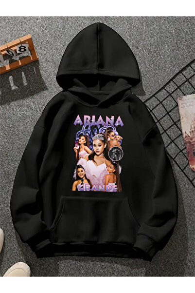 COMVİCHO سويت شيرت أسود بقلنسوة مطبوعة من اريانا جراندي v3