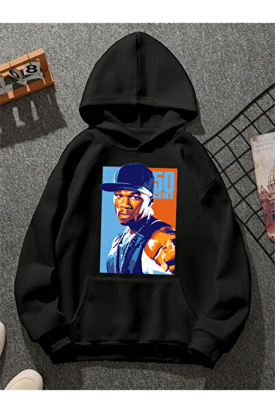 COMVİCHO 50 سنت v2 سويت شيرت أسود مطبوع عليه هوديي