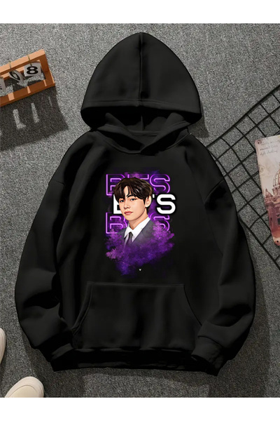 COMVİCHO Bts V Printed Hooded Black Sweatshirt