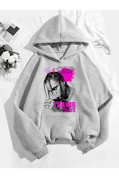 COMVİCHO سويت شيرت رمادي بقلنسوة مطبوعة من ترافيس سكوت v12