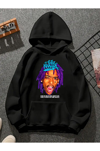 COMVİCHO سويت شيرت أسود بقلنسوة مطبوعة من wiz khalifa v3