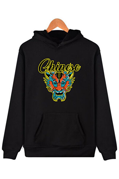 COMVİCHO سويت شيرت أسود بقلنسوة مطبوعة باللغة الصينية