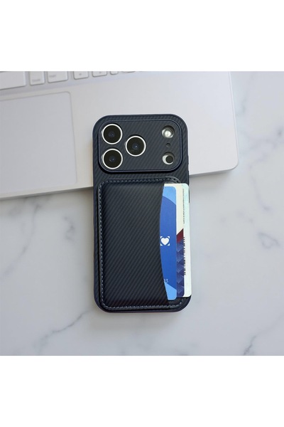 HYPERSOFT Iphone 17 Pro Max Uyumlu Cüzdan Kartlıklı Stantlı Karbon Detaylı De...