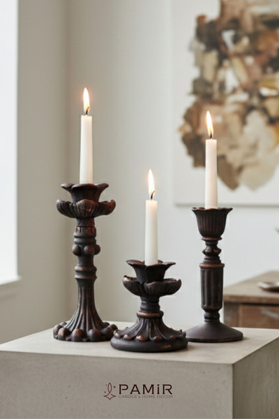 pamircandles 3'lü Şamdan Mumluk Fransız Romantik Antik El Sanatı Siyah Bronz ...