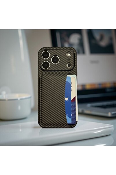 HYPERSOFT Iphone 17 (6.3 inç) Uyumlu Cüzdan Kartlıklı Stantlı Karbon Detaylı ...