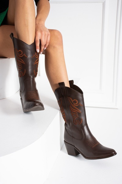 POTEEN Karlas Western Kadın Kovboy Nakışlı Bot C315-Kahve