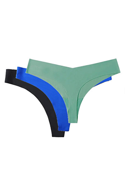 PriStyle Set of 3 Premium Synthetic Silk Women's Panties, Seamless, Thong Type, Turquoise, Blue, L
