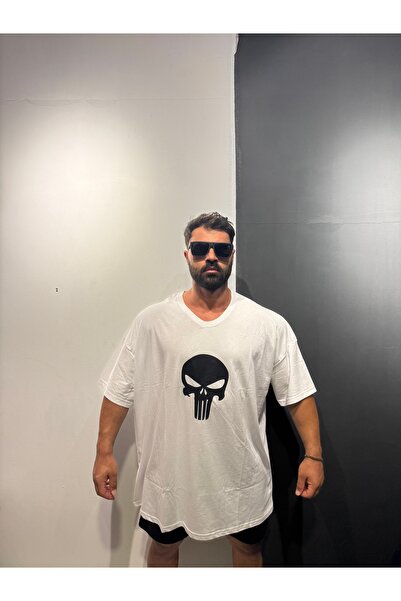 Bas Body FitnessWear Battal Beden Beyaz V Yaka Punisher Baskılı