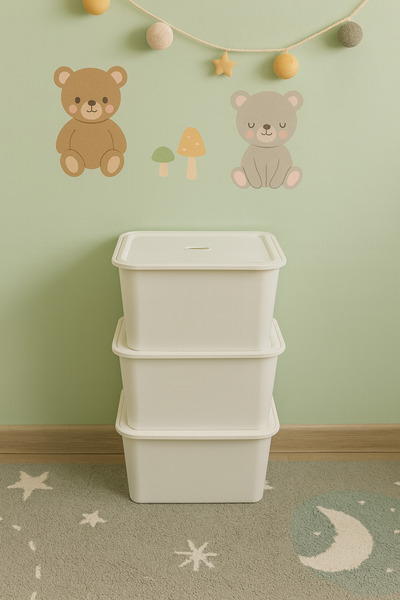 decosense 3 Adet Beyaz Kapaklı Derin Oyuncak ve Eşya Saklama Kutusu Polipropilen Plastik 3'lü Sepet Seti