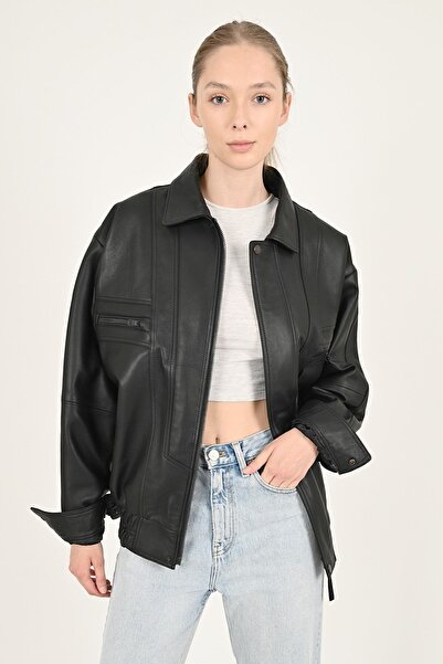 ALİN Beirut Kadın Siyah Oversize Hakiki Deri Mont Beden Ölçüleri Görselde