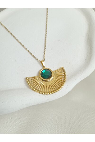 stainless steell Yeşil Taşlı Altın Renk Çelik Kolye Küpe Seti – Zarif Kanat Formlu Takım"