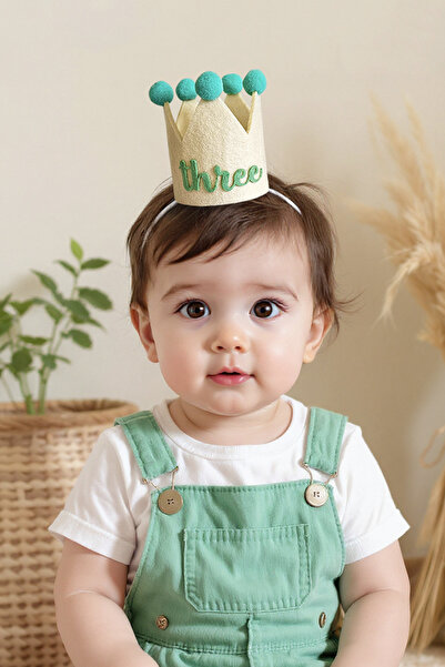 Niksy Design Mini coroană de zi de naștere cu trei pompoane verde mentă - păl...