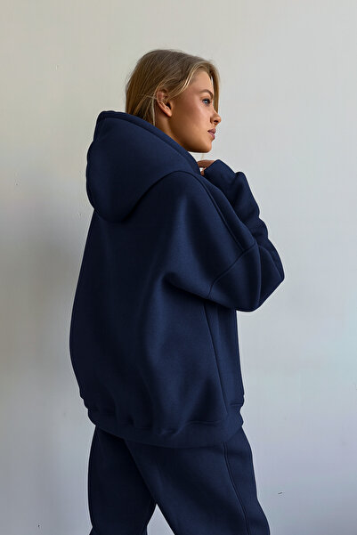 GUARAZ Тъмносиня унисекс мека материя, широка кройка, суитшърт с качулка и поларна подплата