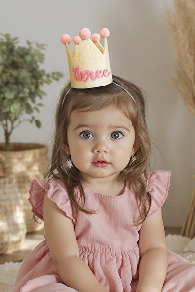 Niksy Design Three Pembe Ponponlu Mini Doğum Günü Tacı - 3 Yaş Kız Bebek Part...