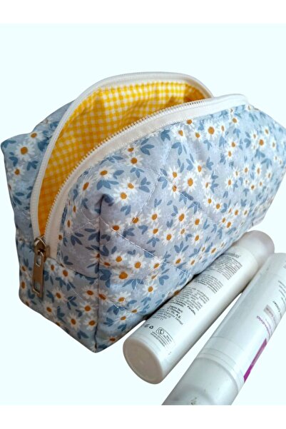nartella Boncuk Mavi Kapitone Papatya Desenli Kozmetik Ve Seyahat Makyaj Çantası Büyük Boy
