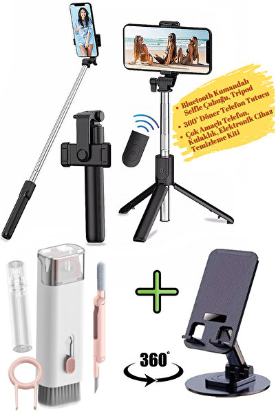 Tripod Bluetooth Kumandalı Selfie Çubuğu Tripod, 360 Döner Telefon Tutucu, Ço...