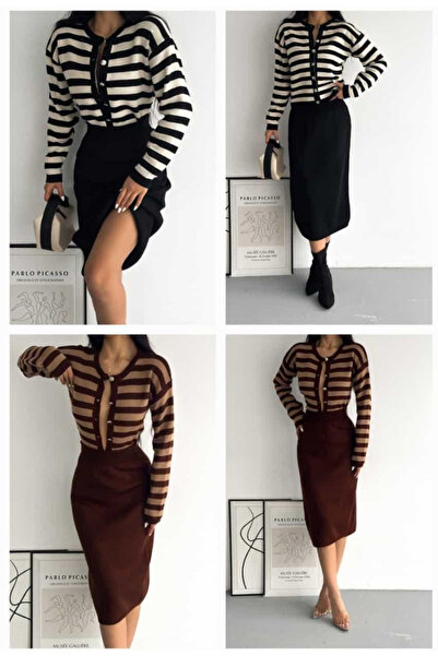 merysare Colorful Women's Knitwear Set - Striped Jacket, Blouse and Skirt