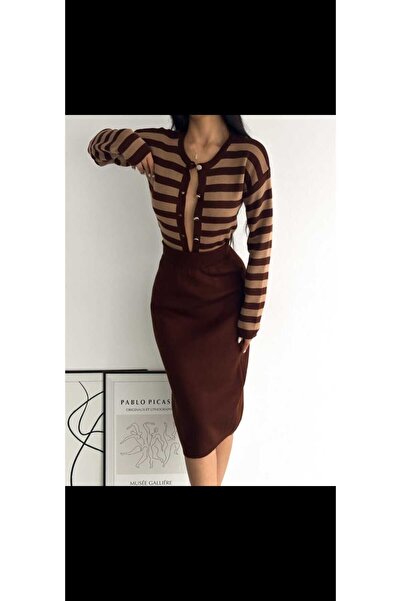 merysare Colorful Women's Knitwear Set - Striped Jacket, Blouse and Skirt