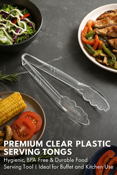 ALSAIF KITCHEN Premium Clear Plastic Serving Tongs BPA-Free Hygienic Food Grip Tool for Buffet Kitchen Catering 2pc