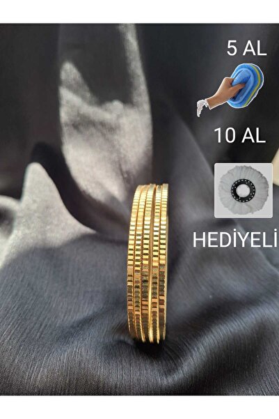 AXARE (1ADET) Tırtıklı Gold Çizgi Desenli Ajda Bilezik Paslanmaz Çelik Üzeri 22 Ayar Altın Kaplama