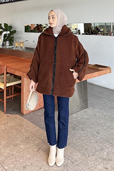 lamelif Tedy Plush Coat with Piping Detail Bitter Brown
