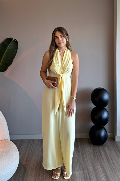 Aventien Önden Bağlamalı Sarı Bol Paça Tulum