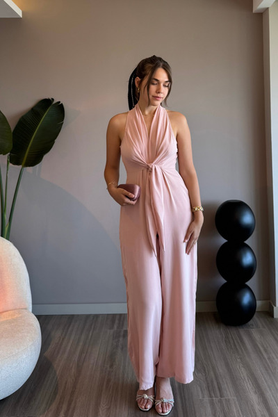 Aventien Önden Bağlamalı Pembe Bol Paça Tulum