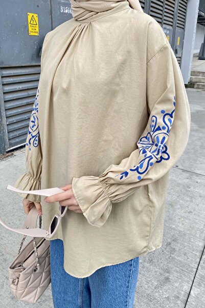 lamelif Sleeve Embroidered Tunic Beige