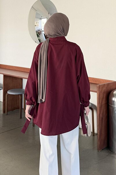 lamelif Kol Detaylı Gömlek Oversize Gömlek Bordo