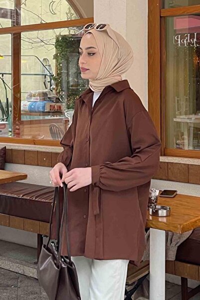 lamelif Сорочка з деталями на рукавах Оверсайз сорочка Гіркий коричневий