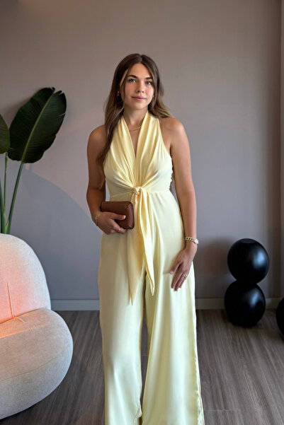 Aventien Önden Bağlamalı Sarı Bol Paça Tulum