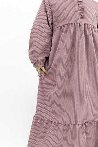 Betül Akbay Βελούδινο φόρεμα για κορίτσια - Μοντέλο Mihri Μακρύ Τσελαντίκο Φόρεμα Ροζ Πούδρα